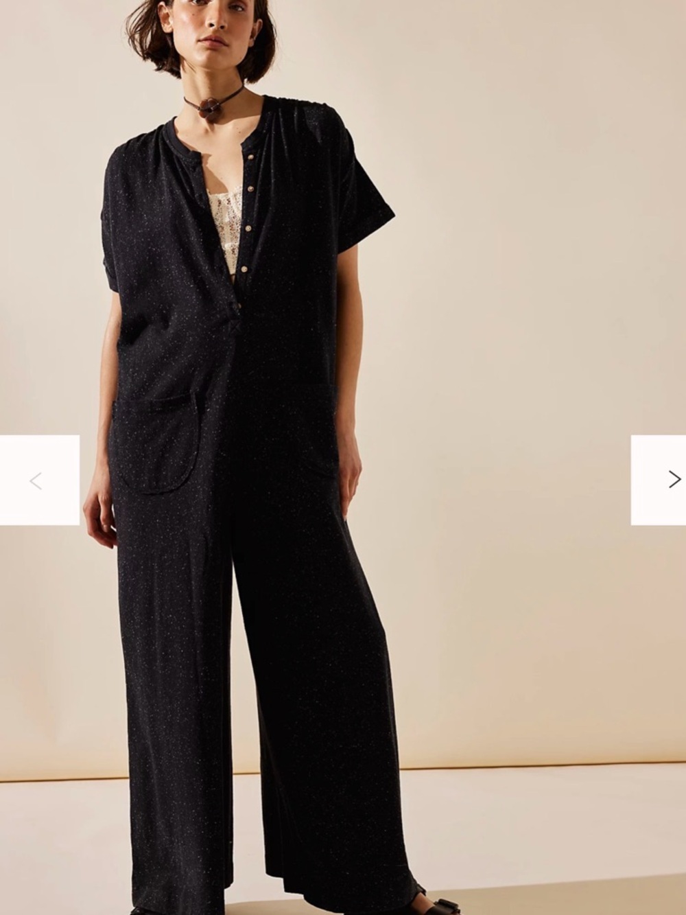 Free People My Go-To Black Speckled Short-Sleeve Wide-Leg Jumpsuit